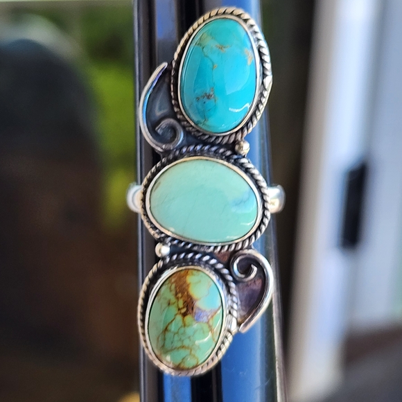 Triple Stone Sterling Silver Native American Turquoise Long Ring Sz 9.5 - Picture 4 of 6